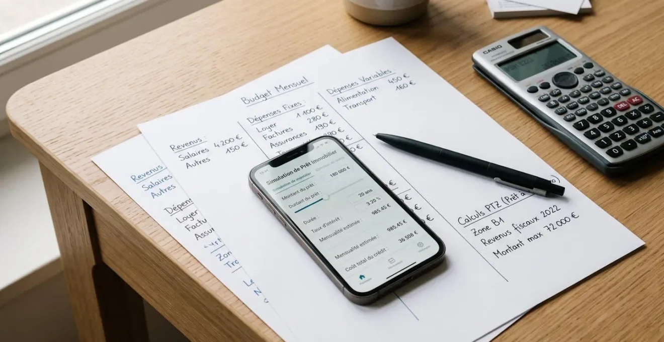 Table de travail avec calculatrice, documents budgétaires manuscrits et smartphone affichant une simulation de prêt immobilier en français