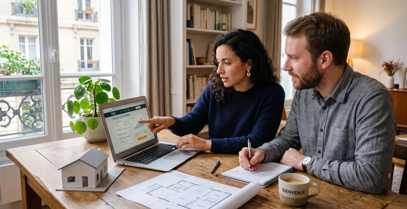 Un couple utilise un ordinateur portable affichant un simulateur de prêt immobilier à la table de son appartement, avec des plans de maison posés à côté.