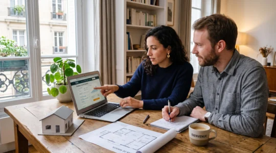 Un couple utilise un ordinateur portable affichant un simulateur de prêt immobilier à la table de son appartement, avec des plans de maison posés à côté.