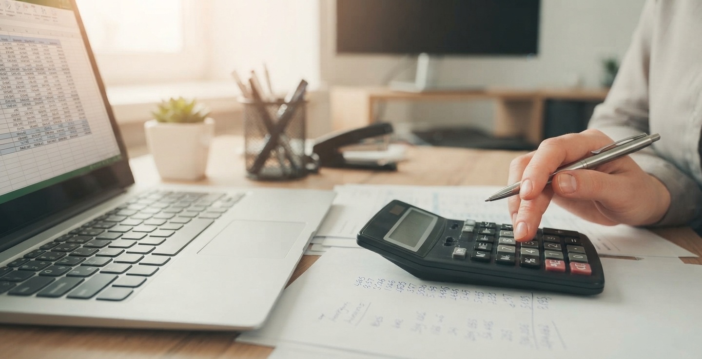 Gros plan sur des mains utilisant une calculatrice et prenant des notes à côté de documents immobiliers sur un bureau en bois.